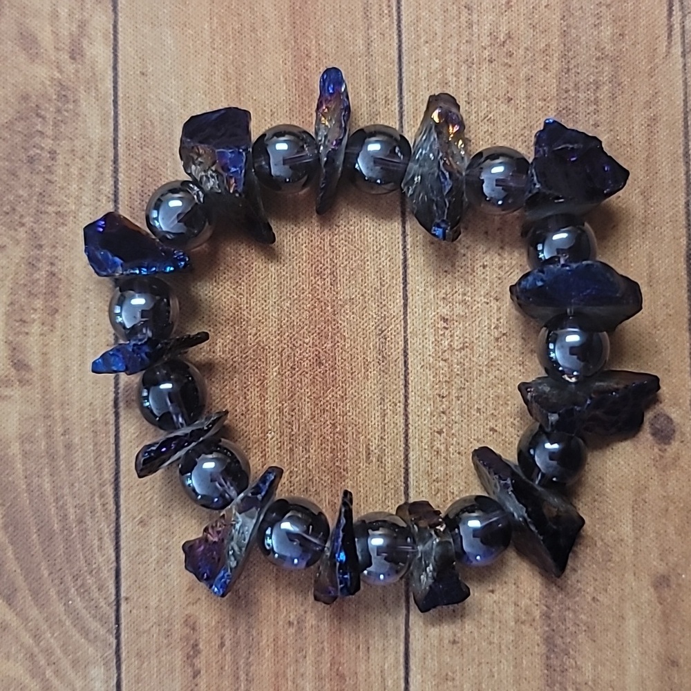 Navy Blue, Gold, Purple, Smoke Gray Beaded Rock Bracelet